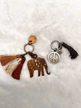 Boho Keychain Set Elephant Charm Tassel Peace Sign Purse Charm Bundle